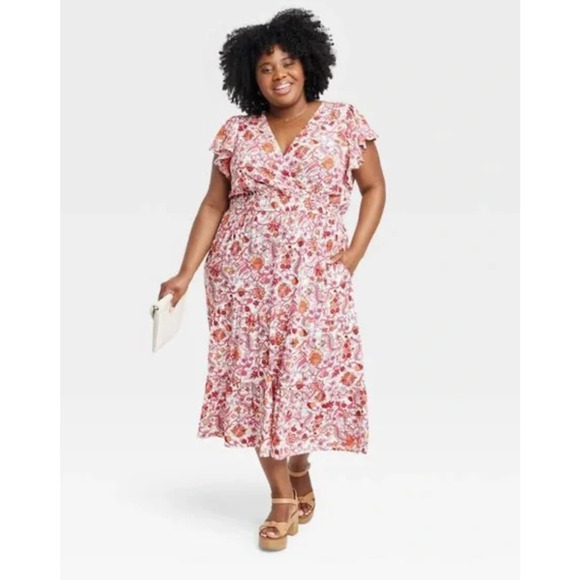 Knox Rose XXL 2X Maxi Boho Dress Tiered Pink Floral Cottagecore Ditzy Prairie - Picture 1 of 11